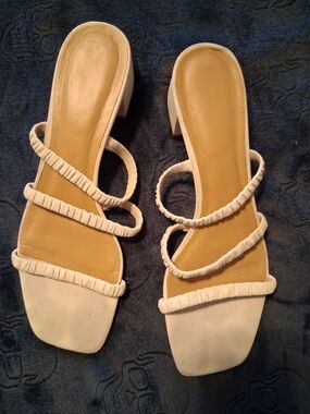 Reformation White Ruched Strap Slide Mules